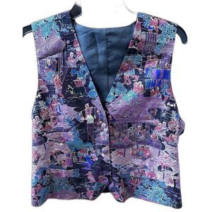 Vest Silk  Pockets 20x21” Asian Inspired Buttons Adjust Belt Gold Purple L